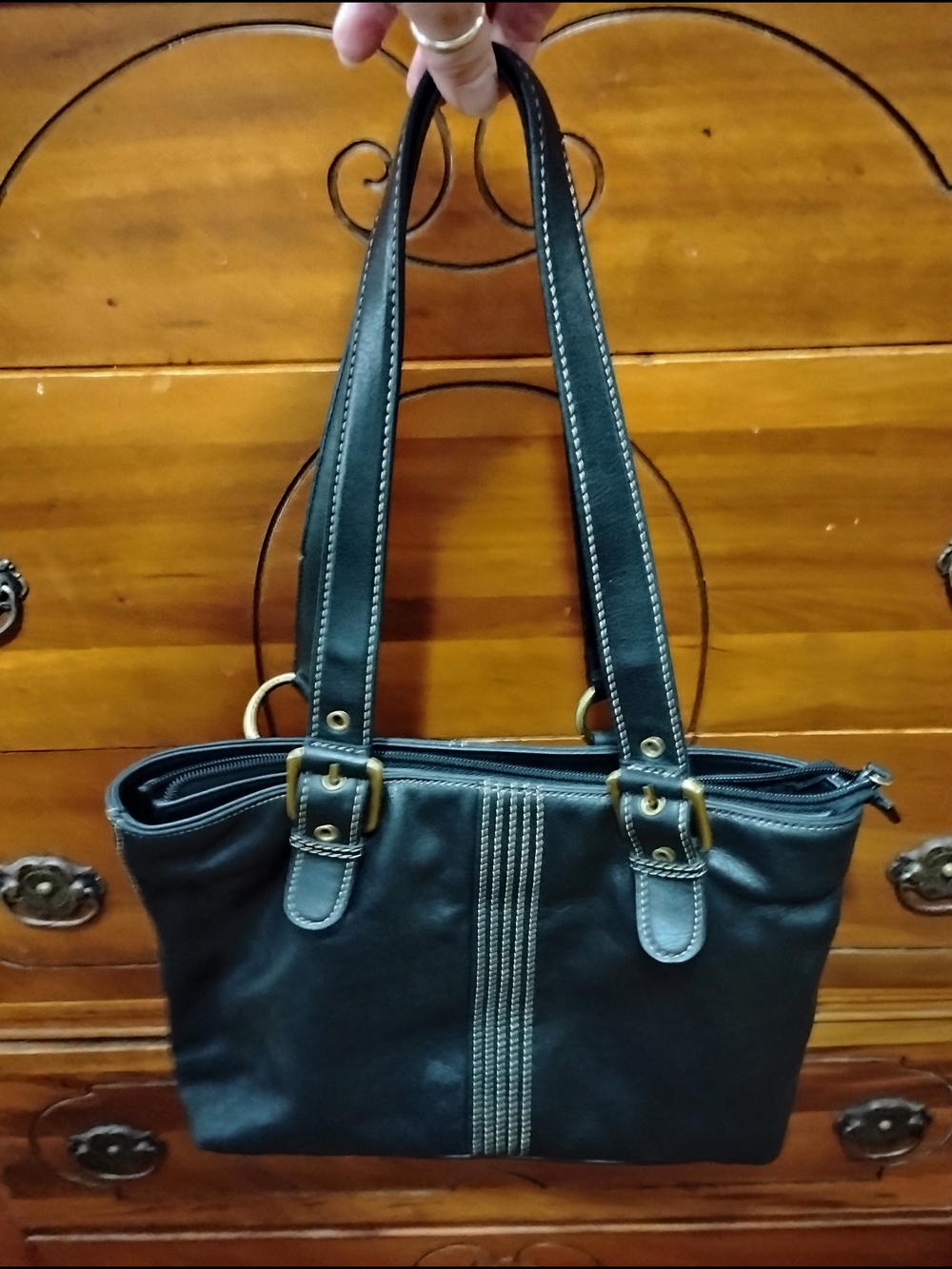 Black Leather Shoulder Tote with Contrast Stitch Detail